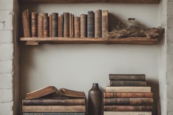 vintage books displayed on floating shelves